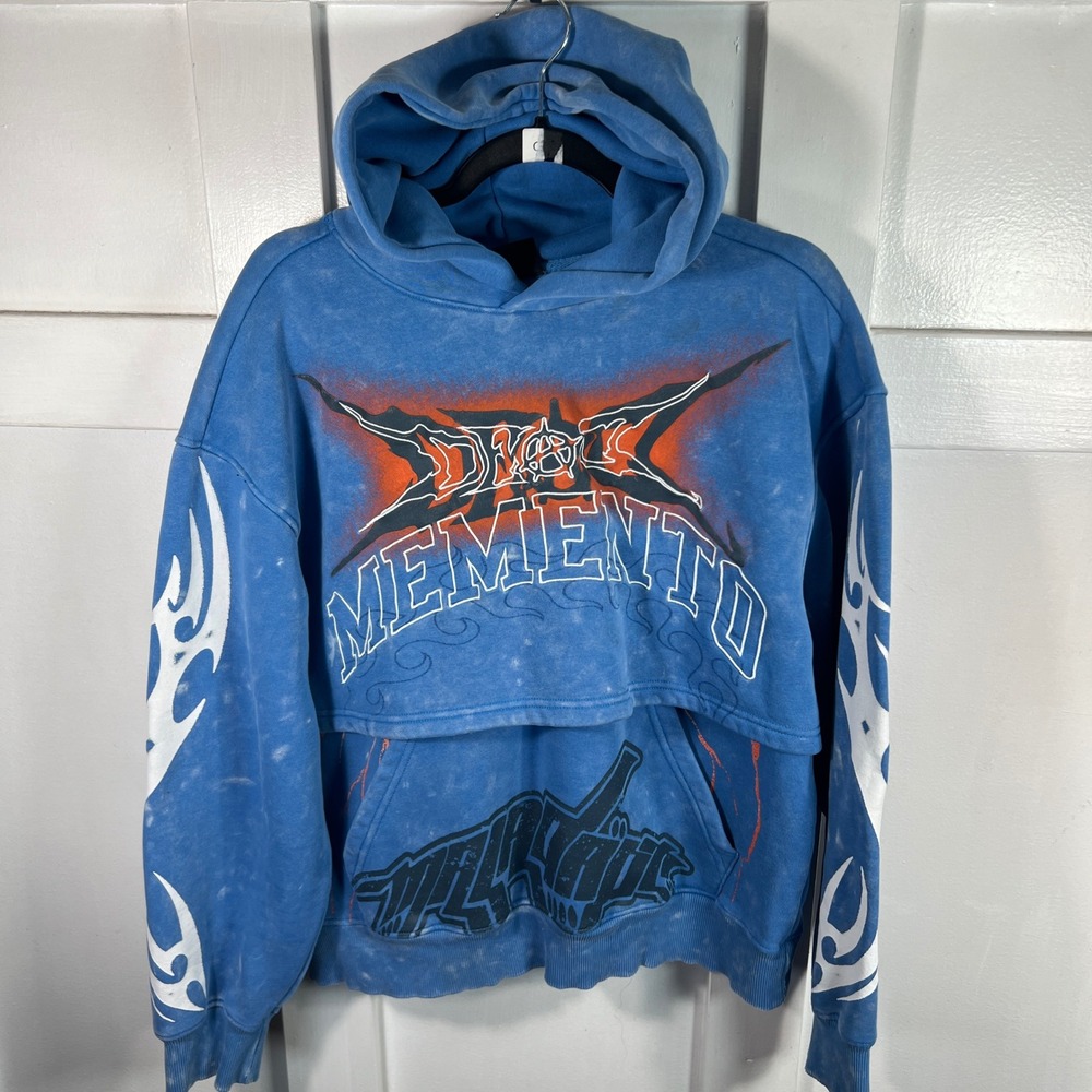 Smoke Rise Memento Blue Acid Wash Graphic Hoodie Tribal Barbed Wire Mens Medium